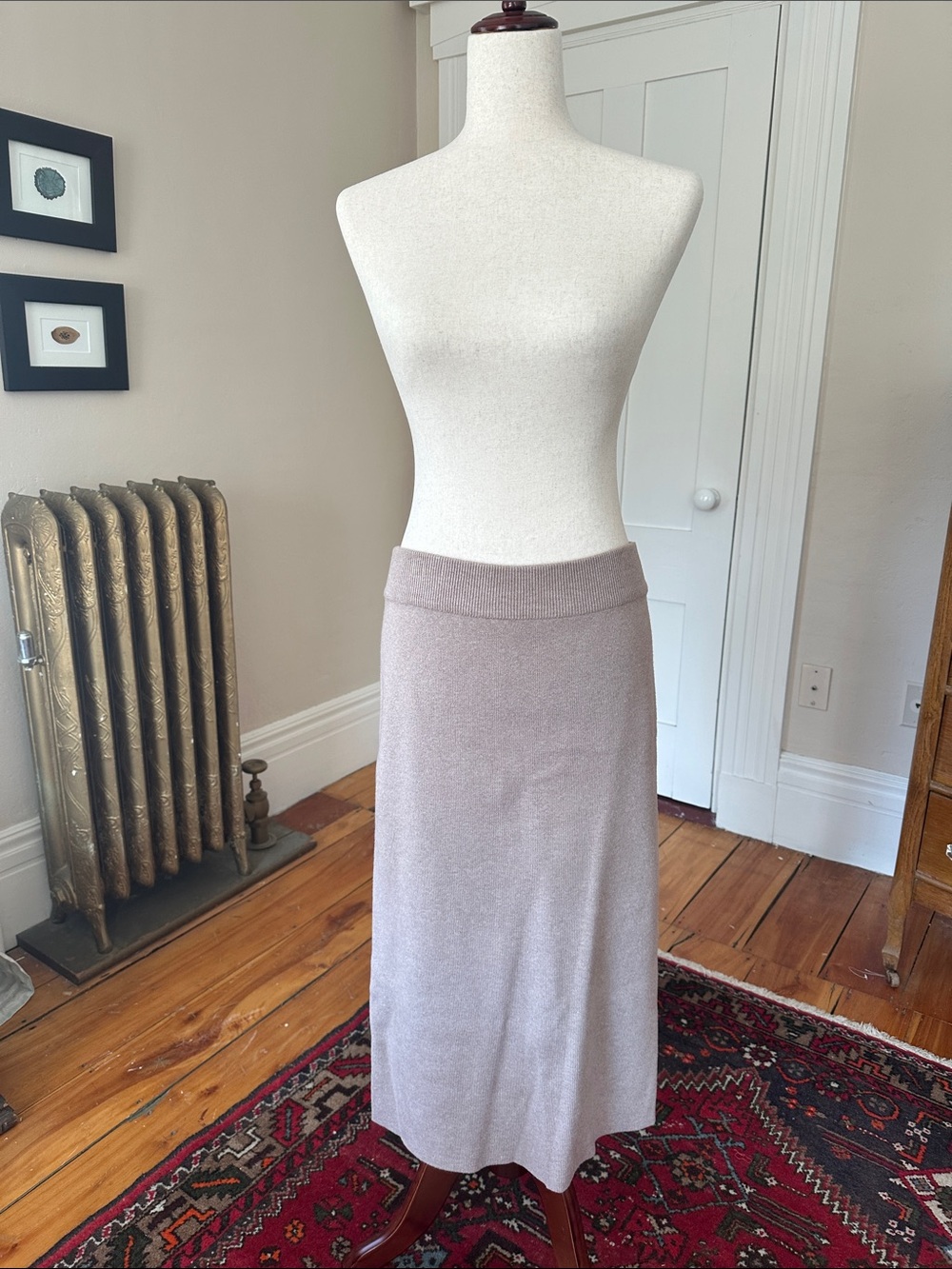 Oatmeal wool blend knit pencil midi skirt